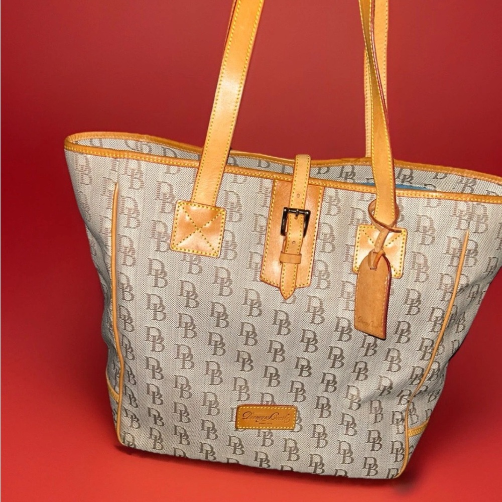 Dooney & Bourke Beige Monogram Tote with Tan Leather Trim